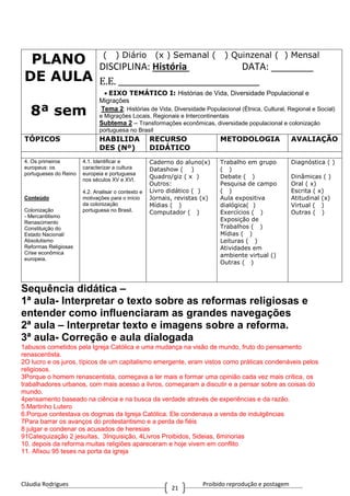 Cláudia Rodrigues Proibido reprodução e postagem
21
PLANO
DE AULA
8ª sem
( ) Diário (x ) Semanal ( ) Quinzenal ( ) Mensal
DISCIPLINA: História DATA: ________
E.E. ____________________________________
EIXO TEMÁTICO I: Histórias de Vida, Diversidade Populacional e
Migrações
Tema 2: Histórias de Vida, Diversidade Populacional (Étnica, Cultural, Regional e Social)
e Migrações Locais, Regionais e Intercontinentais
Subtema 2 – Transformações econômicas, diversidade populacional e colonização
portuguesa no Brasil
TÓPICOS HABILIDA
DES (Nº)
RECURSO
DIDÁTICO
METODOLOGIA AVALIAÇÃO
4. Os primeiros
europeus: os
portugueses do Reino
Conteúdo
Colonização
- Mercantilismo
Renascimento
Constituição do
Estado Nacional/
Absolutismo
Reformas Religiosas
Crise econômica
europeia.
4.1. Identificar e
caracterizar a cultura
europeia e portuguesa
nos séculos XV e XVI.
4.2. Analisar o contexto e
motivações para o início
da colonização
portuguesa no Brasil.
Caderno do aluno(x)
Datashow ( )
Quadro/giz ( x )
Outros:
Livro didático ( )
Jornais, revistas (x)
Mídias ( )
Computador ( )
Trabalho em grupo
( )
Debate ( )
Pesquisa de campo
( )
Aula expositiva
dialógica( )
Exercícios ( )
Exposição de
Trabalhos ( )
Mídias ( )
Leituras ( )
Atividades em
ambiente virtual ()
Outras ( )
Diagnóstica ( )
Dinâmicas ( )
Oral ( x)
Escrita ( x)
Atitudinal (x)
Virtual ( )
Outras ( )
Sequência didática –
1ª aula- Interpretar o texto sobre as reformas religiosas e
entender como influenciaram as grandes navegações
2ª aula – Interpretar texto e imagens sobre a reforma.
3ª aula- Correção e aula dialogada
1abusos cometidos pela Igreja Católica e uma mudança na visão de mundo, fruto do pensamento
renascentista.
2O lucro e os juros, típicos de um capitalismo emergente, eram vistos como práticas condenáveis pelos
religiosos.
3Porque o homem renascentista, começava a ler mais e formar uma opinião cada vez mais crítica, os
trabalhadores urbanos, com mais acesso a livros, começaram a discutir e a pensar sobre as coisas do
mundo.
4pensamento baseado na ciência e na busca da verdade através de experiências e da razão.
5.Martinho Lutero
6.Porque contestava os dogmas da Igreja Católica. Ele condenava a venda de indulgências
7Para barrar os avanços do protestantismo e a perda de fiéis
8 julgar e condenar os acusados de heresias
91Catequização 2 jesuítas, 3Inquisição, 4Livros Proibidos, 5ideias, 6minorias
10. depois da reforma muitas religiões apareceram e hoje vivem em conflito
11. Afixou 95 teses na porta da igreja
 