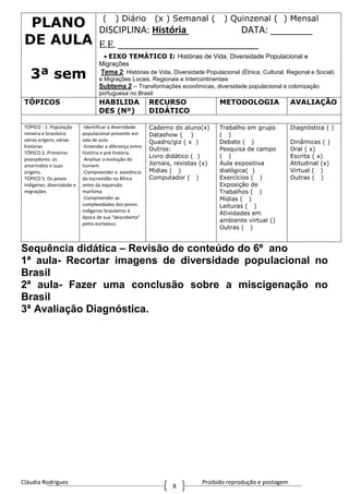 Cláudia Rodrigues Proibido reprodução e postagem
8
PLANO
DE AULA
3ª sem
( ) Diário (x ) Semanal ( ) Quinzenal ( ) Mensal
DISCIPLINA: História DATA: ________
E.E. ____________________________________
EIXO TEMÁTICO I: Histórias de Vida, Diversidade Populacional e
Migrações
Tema 2: Histórias de Vida, Diversidade Populacional (Étnica, Cultural, Regional e Social)
e Migrações Locais, Regionais e Intercontinentais
Subtema 2 – Transformações econômicas, diversidade populacional e colonização
portuguesa no Brasil
TÓPICOS HABILIDA
DES (Nº)
RECURSO
DIDÁTICO
METODOLOGIA AVALIAÇÃO
TÓPICO - 1. População
mineira e brasileira:
várias origens, várias
histórias
TÓPICO 2. Primeiros
povoadores: os
ameríndios e suas
origens.
TÓPICO 5. Os povos
indígenas: diversidade e
migrações
-Identificar a diversidade
populacional presente em
sala de aula
-Entender a diferença entre
história e pré-história.
-Analisar a evolução do
homem
-Compreender a existência
da escravidão na África
antes da expansão
marítima
-Compreender as
complexidades dos povos
indígenas brasileiros à
época de sua “descoberta”
pelos europeus.
Caderno do aluno(x)
Datashow ( )
Quadro/giz ( x )
Outros:
Livro didático ( )
Jornais, revistas (x)
Mídias ( )
Computador ( )
Trabalho em grupo
( )
Debate ( )
Pesquisa de campo
( )
Aula expositiva
dialógica( )
Exercícios ( )
Exposição de
Trabalhos ( )
Mídias ( )
Leituras ( )
Atividades em
ambiente virtual ()
Outras ( )
Diagnóstica ( )
Dinâmicas ( )
Oral ( x)
Escrita ( x)
Atitudinal (x)
Virtual ( )
Outras ( )
Sequência didática – Revisão de conteúdo do 6º ano
1ª aula- Recortar imagens de diversidade populacional no
Brasil
2ª aula- Fazer uma conclusão sobre a miscigenação no
Brasil
3ª Avaliação Diagnóstica.
 