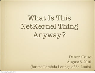 What Is This
                             NetKernel Thing
                                Anyway?

                                                    Darren Cruse
                                                   August 5, 2010
                               (for the Lambda Lounge of St. Louis)
Wednesday, August 11, 2010
 