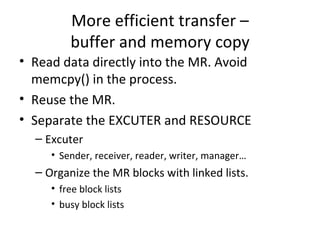 More efficient transfer – buffer and memory copy Read data directly into the MR. Avoid memcpy() in the process. Reuse the MR. Separate the EXCUTER and RESOURCE  Excuter Sender, receiver, reader, writer, manager… Organize the MR blocks with linked lists. free block lists busy block lists 
