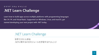 23
.NET Learn Challenge
世界で3701人参加
.NETに関する47のモジュールを学習するチャレンジ
 