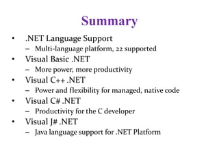 Summary
• .NET Language Support
– Multi-language platform, 22 supported
• Visual Basic .NET
– More power, more productivity
• Visual C++ .NET
– Power and flexibility for managed, native code
• Visual C# .NET
– Productivity for the C developer
• Visual J# .NET
– Java language support for .NET Platform
 