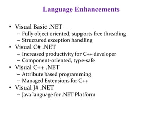 Language Enhancements
• Visual Basic .NET
– Fully object oriented, supports free threading
– Structured exception handling
• Visual C# .NET
– Increased productivity for C++ developer
– Component-oriented, type-safe
• Visual C++ .NET
– Attribute based programming
– Managed Extensions for C++
• Visual J# .NET
– Java language for .NET Platform
 