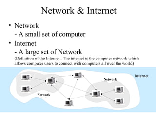 Network & Internet Network - A small set of computer  Internet - A large set of Network (Definition of the Internet : The internet is the computer network which allows computer users to connect with computers all over the world) Internet Network Network 