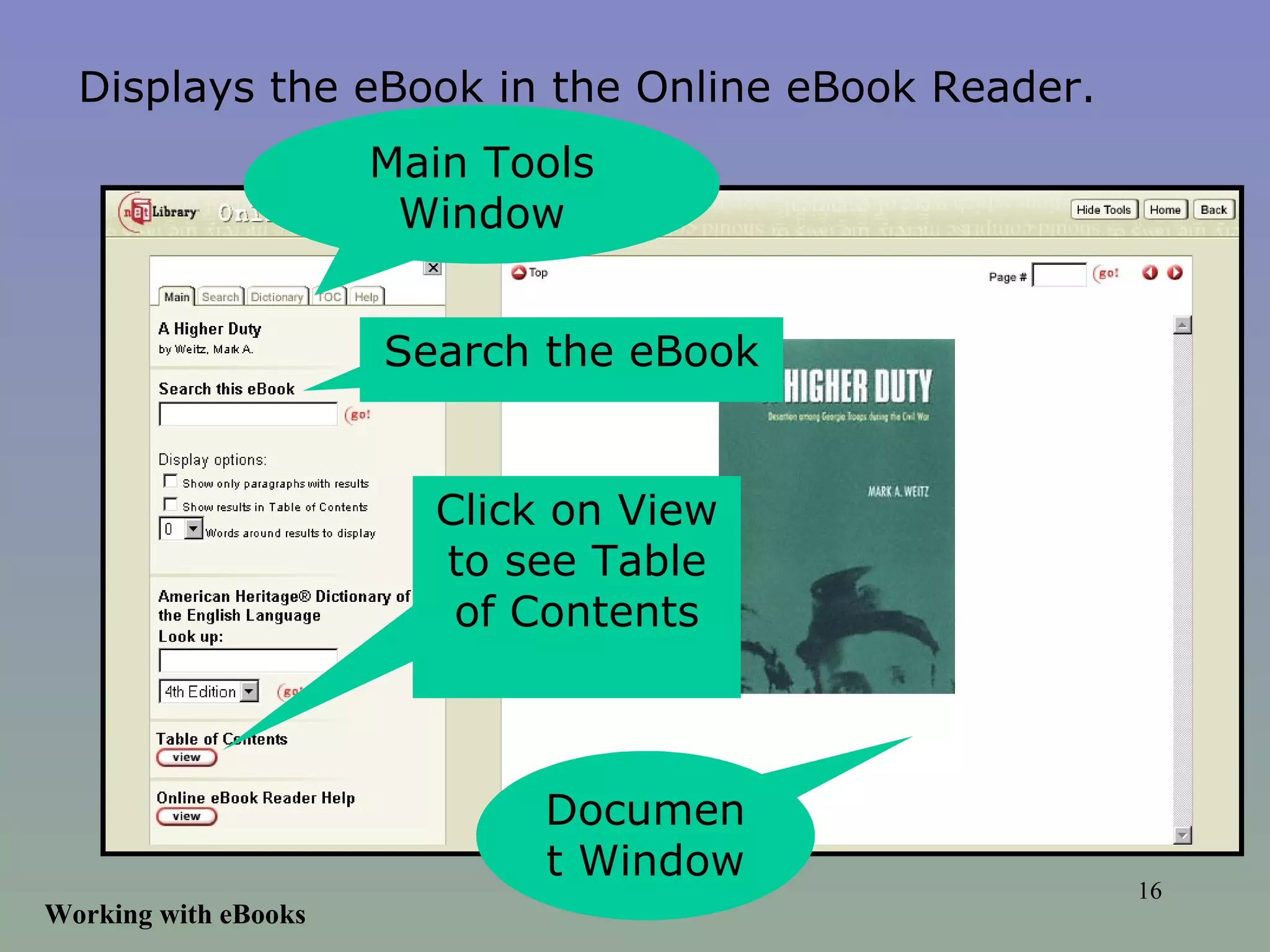 Working with eBooks Main Tools Window Document Window Click on View to see Table of Contents Search the eBook Displays the eBook in the Online eBook Reader. 