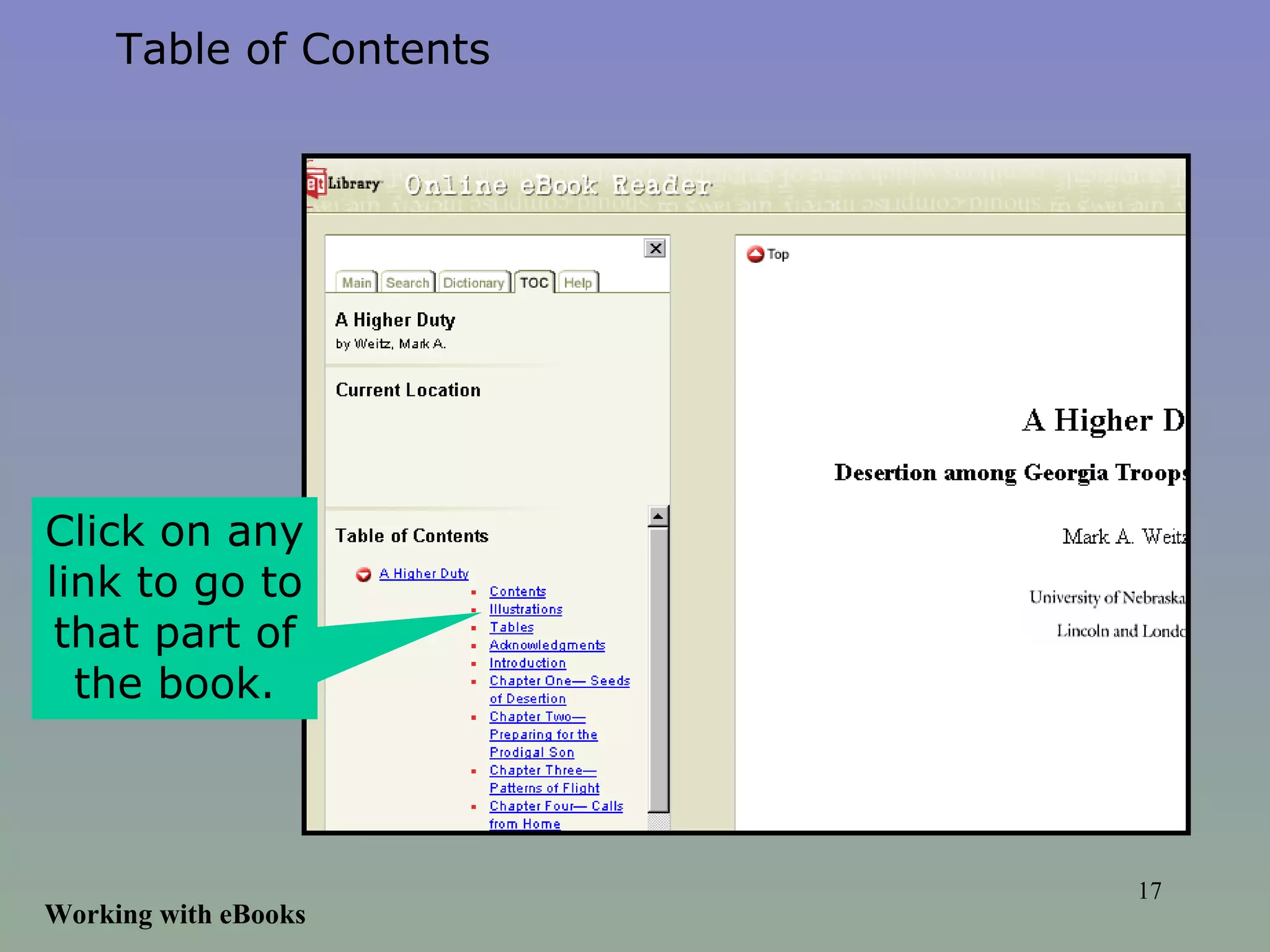 Working with eBooks Table of Contents Click on any link to go to that part of the book. 