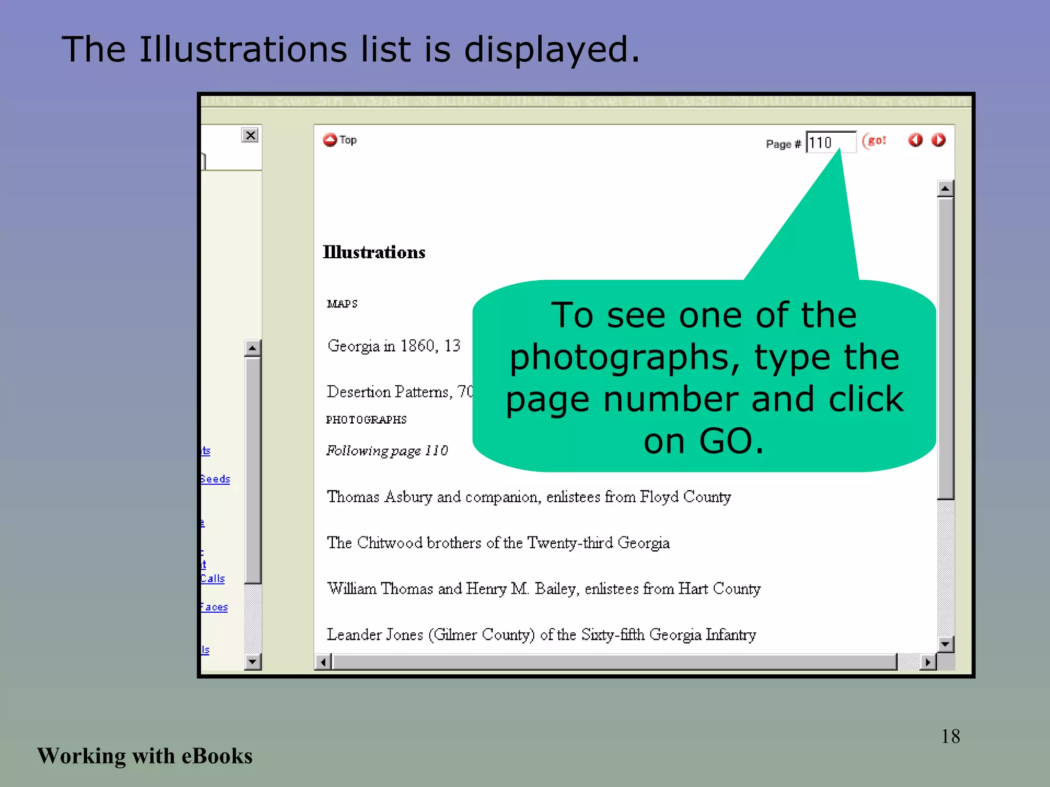 Working with eBooks The Illustrations list is displayed. To see one of the photographs, type the page number and click on GO. 