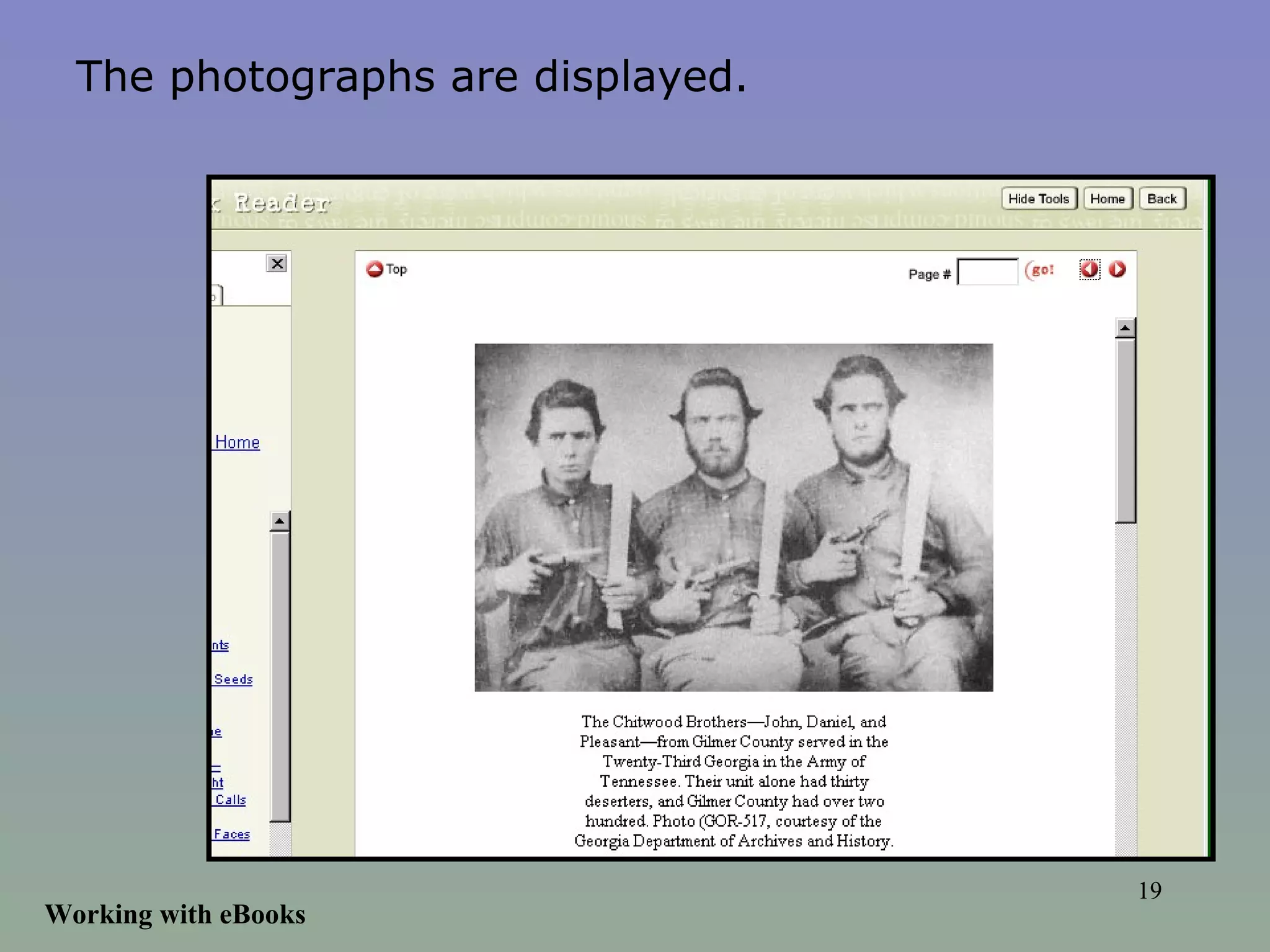 Working with eBooks The photographs are displayed. 