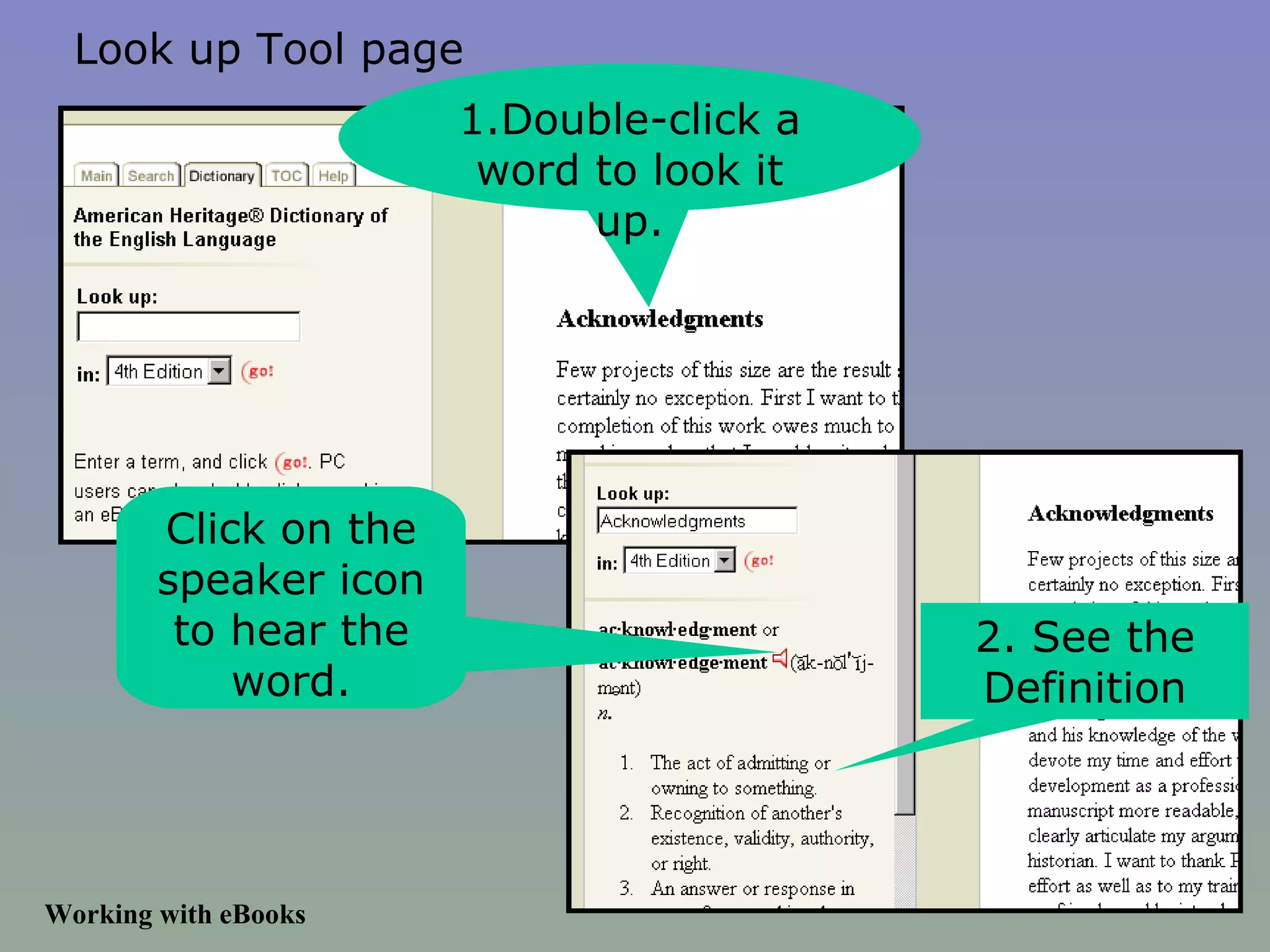 Working with eBooks Look up Tool page 1.Double-click a word to look it up. 2. See the Definition Click on the speaker icon to hear the word. 