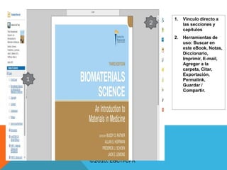 1. Vínculo directo a
las secciones y
capítulos
2. Herramientas de
uso: Buscar en
este eBook, Notas,
Diccionario,
Imprimir, E-mail,
Agregar a la
carpeta, Citar,
Exportación,
Permalink,
Guardar /
Compartir.
©2010. EGCTI-UPR
 