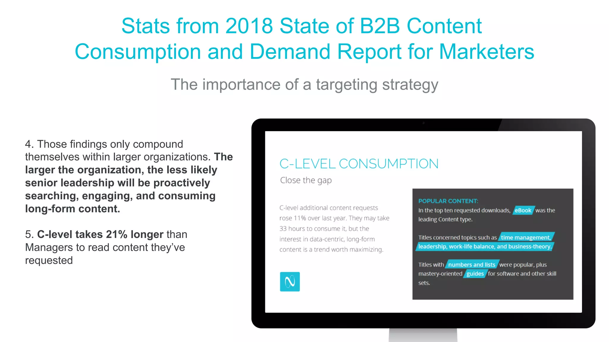 Stats from 2018 State of B2B Content
Consumption and Demand Report for Marketers
The importance of a targeting strategy
4. Those findings only compound
themselves within larger organizations. The
larger the organization, the less likely
senior leadership will be proactively
searching, engaging, and consuming
long-form content.
5. C-level takes 21% longer than
Managers to read content they’ve
requested
 