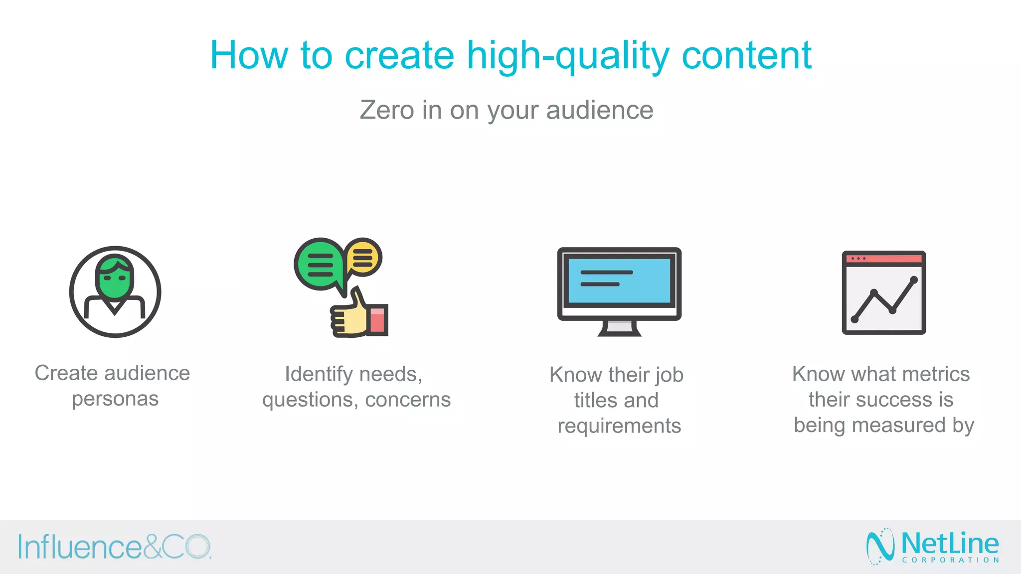 How to create high-quality content
Zero in on your audience
Create audience
personas
Identify needs,
questions, concerns
Know their job
titles and
requirements
Know what metrics
their success is
being measured by
 