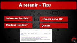 Les critères d’un site intéressant ( pour
poser un backlink )
A retenir + Tips
Indexation Possible ?
Maillage Possible ?
+ Proche de La HP
Qualité
 