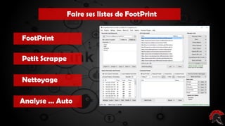 Les critères d’un site intéressant ( pour
poser un backlink )
Faire ses listes de FootPrint
FootPrint
Petit Scrappe
Nettoyage
Analyse … Auto
 