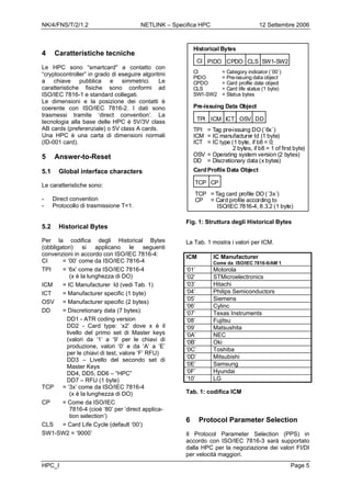 NK/4/FNS/T/2/1.2 NETLINK – Specifica HPC 12 Settembre 2006
4 Caratteristiche tecniche
Le HPC sono “smartcard" a contatto con
“cryptocontroller” in grado di eseguire algoritmi
a chiave pubblica e simmetrici. Le
caratteristiche fisiche sono conformi ad
ISO/IEC 7816-1 e standard collegati.
Le dimensioni e la posizione dei contatti è
coerente con ISO/IEC 7816-2. I dati sono
trasmessi tramite ‘direct convention’. La
tecnologia alla base delle HPC è 5V/3V class
AB cards (preferenziale) o 5V class A cards.
Una HPC è una carta di dimensioni normali
(ID-001 card).
5 Answer-to-Reset
5.1 Global interface characters
Le caratteristiche sono:
- Direct convention
- Protocollo di trasmissione T=1.
5.2 Historical Bytes
Per la codifica degli Historical Bytes
(obbligatori) si applicano le seguenti
convenzioni in accordo con ISO/IEC 7816-4:
CI = ‘00’ come da ISO/IEC 7816-4
TPI = ‘6x’ come da ISO/IEC 7816-4
(x è la lunghezza di DO)
ICM = IC Manufacturer Id (vedi Tab. 1)
ICT = Manufacturer specific (1 byte)
OSV = Manufacturer specific (2 bytes)
DD = Discretionary data (7 bytes):
DD1 - ATR coding version
DD2 - Card type: ‘x2’ dove x è il
livello del primo set di Master keys
(valori da ‘1’ a ‘9’ per le chiavi di
produzione, valori ‘0’ e da ‘A’ a ‘E’
per le chiavi di test, valore ‘F’ RFU)
DD3 – Livello del secondo set di
Master Keys
DD4, DD5, DD6 – “HPC”
HPC_I Page 5
DD7 – RFU (1 byte)
TCP = ‘3x’ come da ISO/IEC 7816-4
(x è la lunghezza di DO)
CP = Come da ISO/IEC
7816-4 (cioè ‘80’ per ‘direct applica-
tion selection’)
CLS = Card Life Cycle (default ‘00’)
SW1-SW2 = ‘9000’
ICM ICT OSV DDTPI
CI PIDO CPDO CLS SW1-SW2
Historical Bytes
Pre-issuing Data Object
CardProfile Data Object
TCP CP
= Category indicator (´00´)
= Pre-issuing data object
= Card profile data object
= Card life status (1 byte)
= Status bytes
CI
PIDO
CPDO
CLS
SW1-SW2
= Tag pre-issuing DO (´6x´)
= IC manufacturer Id (1 byte)
= IC type (1 byte, if b8 = 0;
2 bytes, if b8 = 1 of first byte)
= Operating system version (2 bytes)
= Discretionary data (x bytes)
TPI
ICM
ICT
OSV
DD
TCP
CP
= Tag card profile DO (´3x´)
= Card profile according to
ISO/IEC 7816-4, 8.3.2 (1 byte)
Fig. 1: Struttura degli Historical Bytes
La Tab. 1 mostra i valori per ICM.
ICM IC Manufacturer
Come da ISO/IEC 7816-6/AM 1
‘01’ Motorola
‘02’ STMicroelectronics
‘03’ Hitachi
‘04’ Philips Semiconductors
‘05’ Siemens
‘06’ Cylinc
‘07’ Texas Instruments
‘08’ Fujitsu
‘09’ Matsushita
‘0A’ NEC
‘0B’ Oki
‘0C’ Toshiba
‘0D’ Mitsubishi
‘0E’ Samsung
‘0F’ Hyundai
‘10’ LG
Tab. 1: codifica ICM
6 Protocol Parameter Selection
Il Protocol Parameter Selection (PPS) in
accordo con ISO/IEC 7816-3 sarà supportato
dalla HPC per la negoziazione dei valori FI/DI
per velocità maggiori.
 