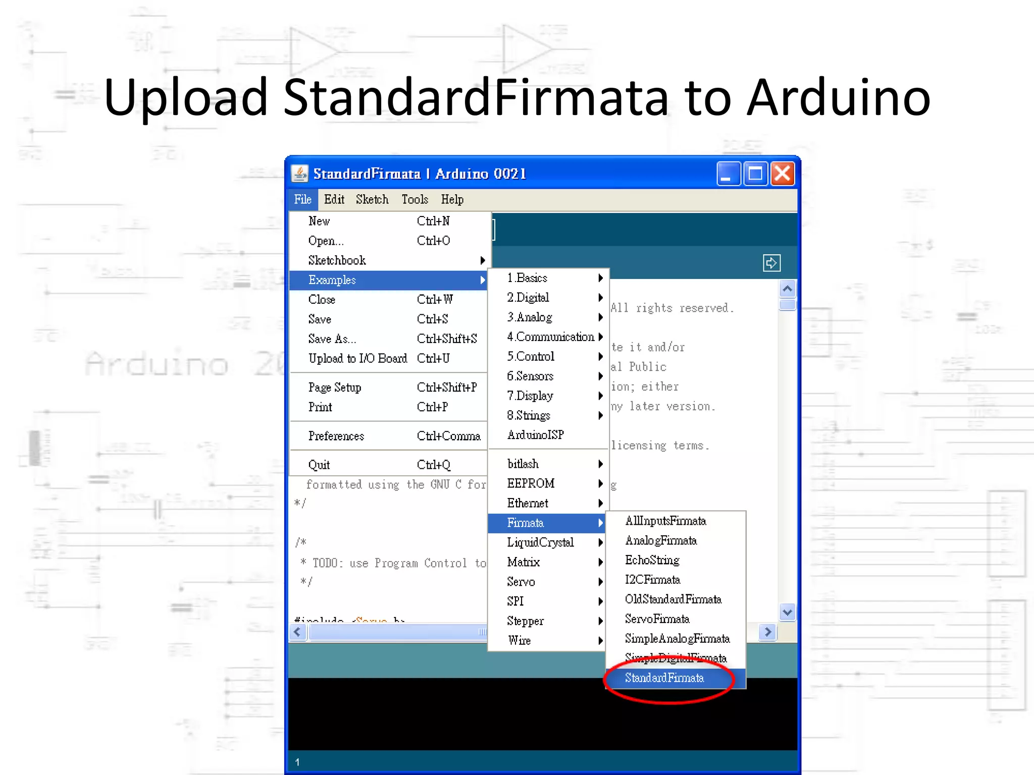 Upload StandardFirmata to Arduino
 