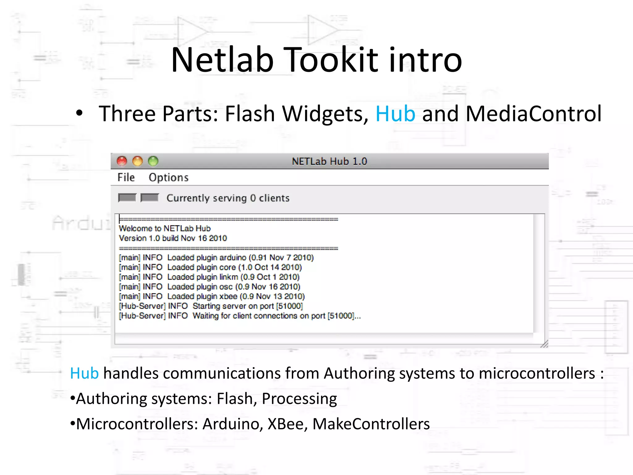 Netlab Tookit intro
• Three Parts: Flash Widgets, Hub and MediaControl




Hub handles communications from Authoring systems to microcontrollers :
•Authoring systems: Flash, Processing
•Microcontrollers: Arduino, XBee, MakeControllers
 
