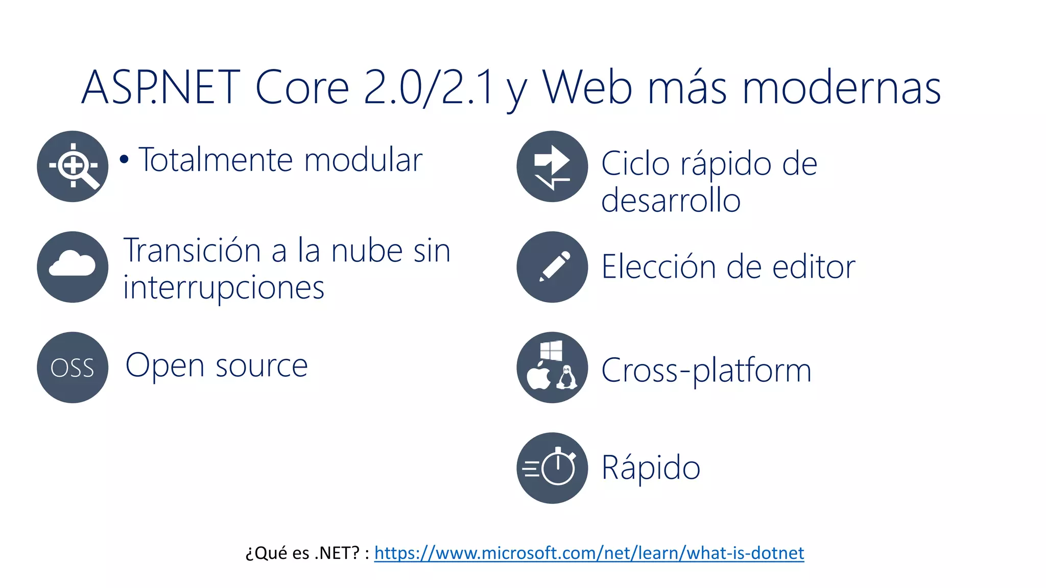 ASP.NET Core 2.0/2.1 y Web más modernas
• Totalmente modular
Transición a la nube sin
interrupciones
Open source
Ciclo rápido de
desarrollo
Elección de editor
Cross-platform
Rápido
OSS
¿Qué es .NET? : https://www.microsoft.com/net/learn/what-is-dotnet
 