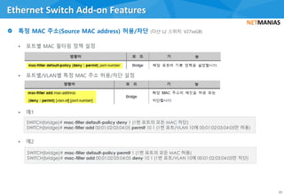 • 포트별 MAC 필터링 정책 설정
• 포트별/VLAN별 특정 MAC 주소 허용/차단 설정
• 예1
• 예2
Ethernet Switch Add-on Features
19
SWITCH(bridge)# mac-filter default-policy deny 1 (1번 포트의 모든 MAC 차단)
SWITCH(bridge)# mac-filter add 00:01:02:03:04:05 permit 10 1 (1번 포트/VLAN 10에 00:01:02:03:04:05만 허용)
SWITCH(bridge)# mac-filter default-policy permit 1 (1번 포트의 모든 MAC 허용)
SWITCH(bridge)# mac-filter add 00:01:02:03:04:05 deny 10 1 (1번 포트/VLAN 10에 00:01:02:03:04:05만 차단)
 