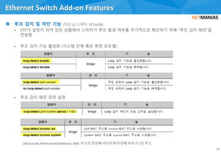 • STP가 설정이 되어 있은 상황에서 스위치가 루프 발생 여부를 주기적으로 확인하기 위해 “루프 감지 패킷”을
전송함
• 루프 감지 기능 활성화 (시스템 전체 혹은 특정 포트별)
• 루프 감지 패킷 관련 설정
Ethernet Switch Add-on Features
43
 