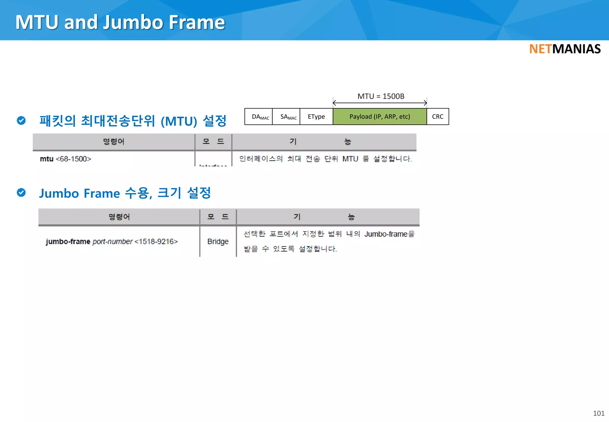 MTU and Jumbo Frame
101
DAMAC SAMAC EType Payload (IP, ARP, etc) CRC
MTU = 1500B
 