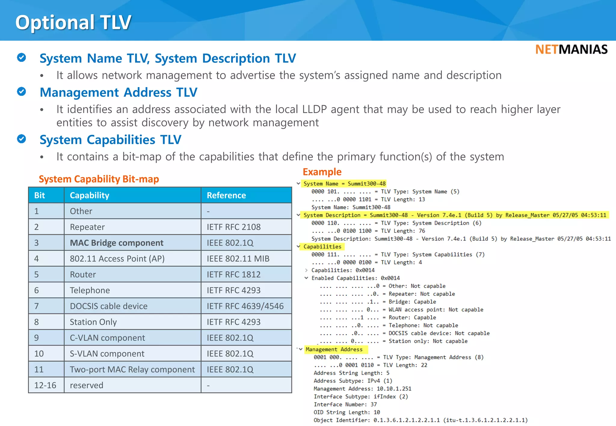 • It allows network management to advertise the system’s assigned name and description
• It identifies an address associated with the local LLDP agent that may be used to reach higher layer
entities to assist discovery by network management
• It contains a bit-map of the capabilities that define the primary function(s) of the system
Optional TLV
13
Bit Capability Reference
1 Other -
2 Repeater IETF RFC 2108
3 MAC Bridge component IEEE 802.1Q
4 802.11 Access Point (AP) IEEE 802.11 MIB
5 Router IETF RFC 1812
6 Telephone IETF RFC 4293
7 DOCSIS cable device IETF RFC 4639/4546
8 Station Only IETF RFC 4293
9 C-VLAN component IEEE 802.1Q
10 S-VLAN component IEEE 802.1Q
11 Two-port MAC Relay component IEEE 802.1Q
12-16 reserved -
Example
System Capability Bit-map
 