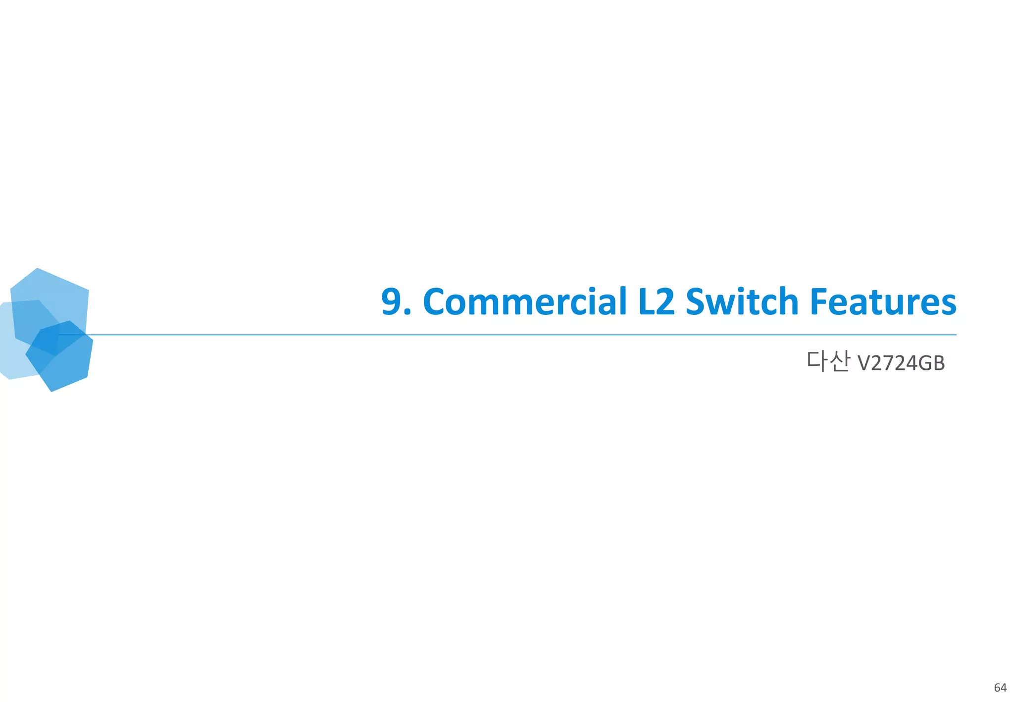 © Samsung Electronics. All Rights Reserved. Confidential and Proprietary.
9. Commercial L2 Switch Features
64
다산 V2724GB
 