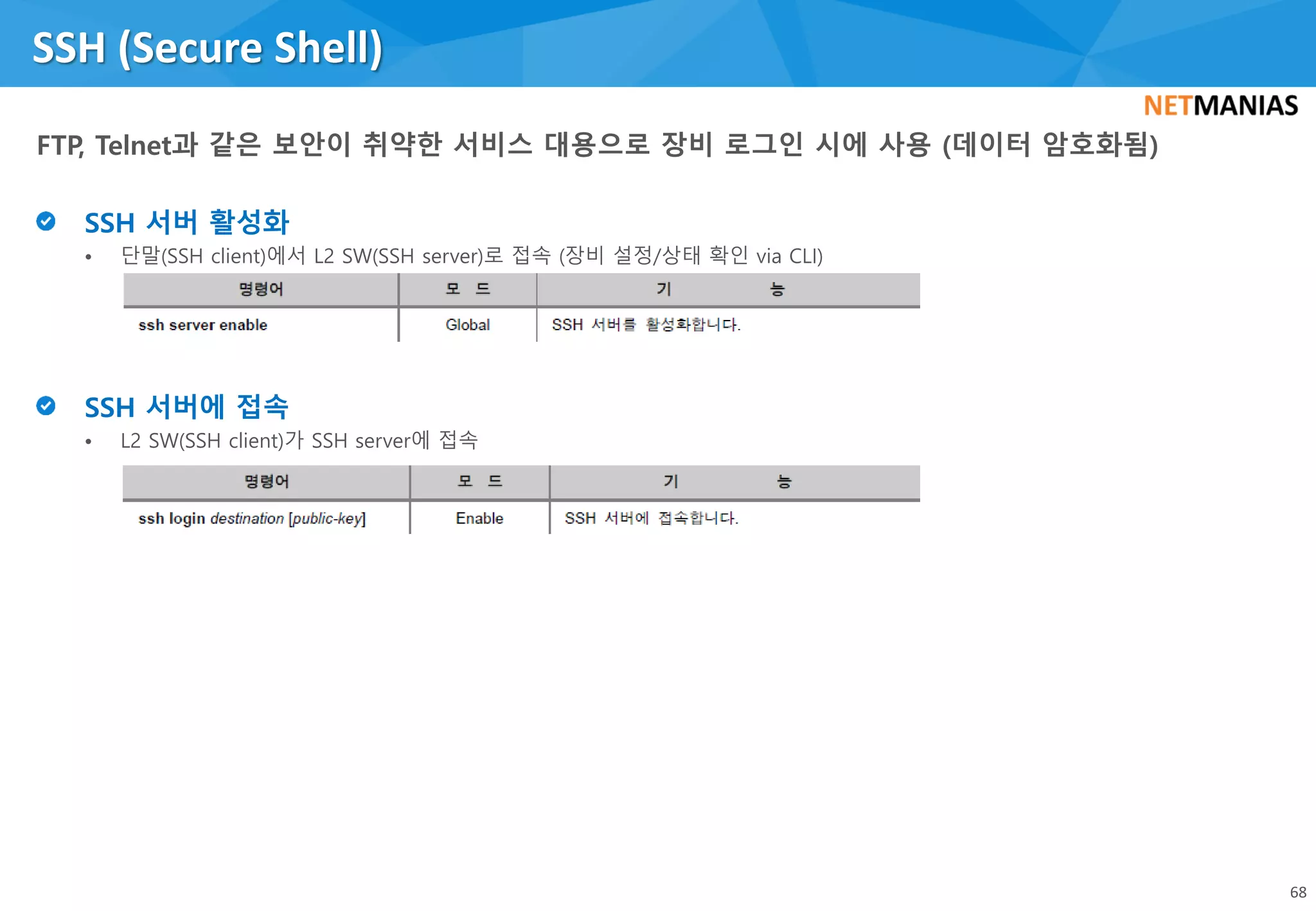 • 단말(SSH client)에서 L2 SW(SSH server)로 접속 (장비 설정/상태 확인 via CLI)
• L2 SW(SSH client)가 SSH server에 접속
SSH (Secure Shell)
68
 