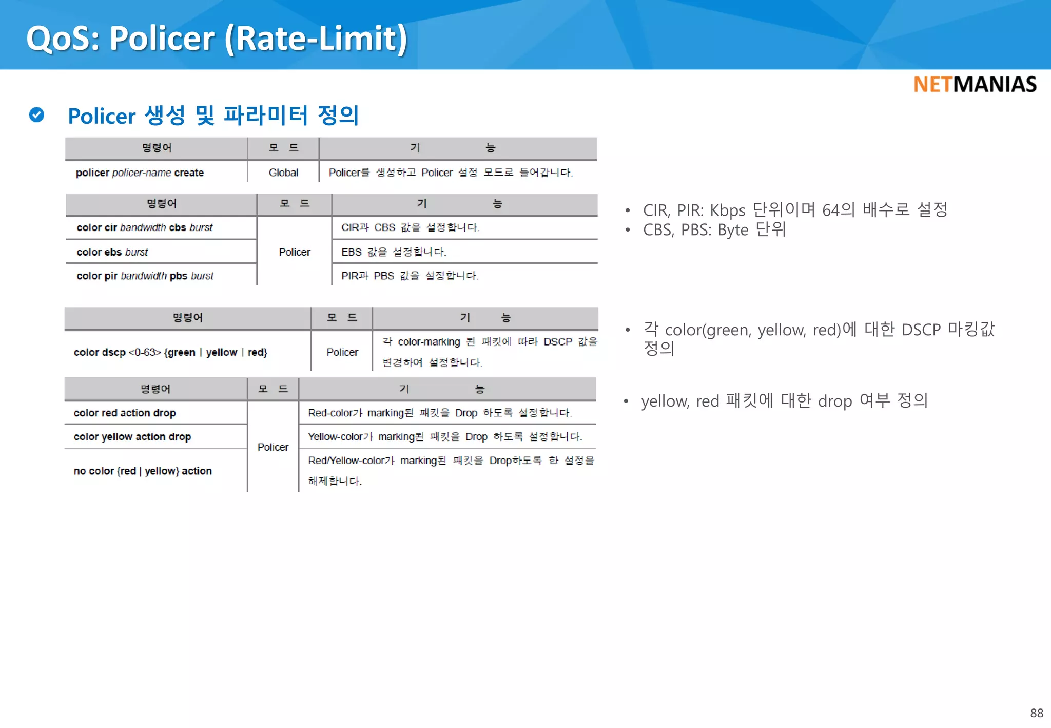 QoS: Policer (Rate-Limit)
88
• CIR, PIR: Kbps 단위이며 64의 배수로 설정
• CBS, PBS: Byte 단위
• 각 color(green, yellow, red)에 대한 DSCP 마킹값
정의
• yellow, red 패킷에 대한 drop 여부 정의
 