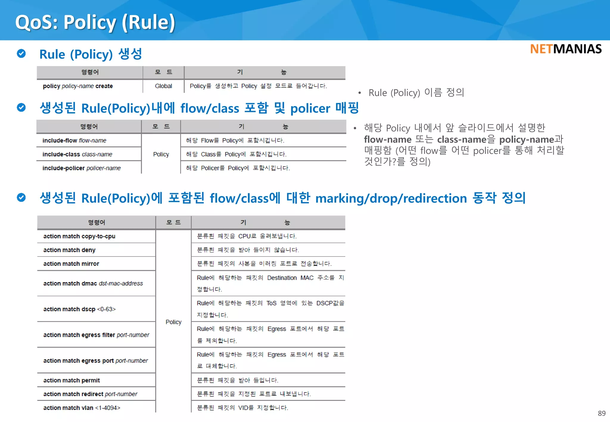 QoS: Policy (Rule)
89
• 해당 Policy 내에서 앞 슬라이드에서 설명한
flow-name 또는 class-name을 policy-name과
매핑함 (어떤 flow를 어떤 policer를 통해 처리할
것인가?를 정의)
• Rule (Policy) 이름 정의
 