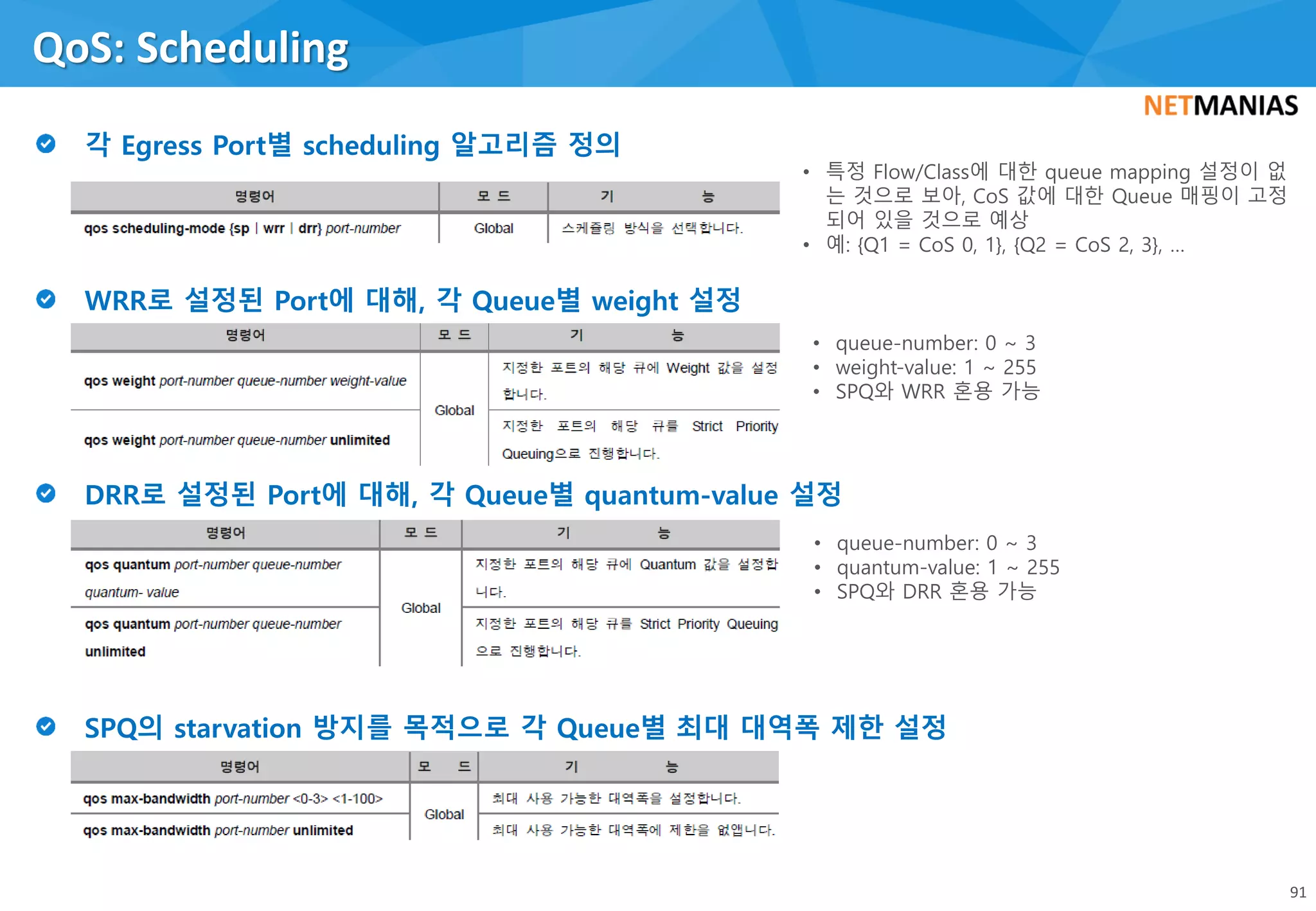 QoS: Scheduling
91
• queue-number: 0 ~ 3
• weight-value: 1 ~ 255
• SPQ와 WRR 혼용 가능
• queue-number: 0 ~ 3
• quantum-value: 1 ~ 255
• SPQ와 DRR 혼용 가능
• 특정 Flow/Class에 대한 queue mapping 설정이 없
는 것으로 보아, CoS 값에 대한 Queue 매핑이 고정
되어 있을 것으로 예상
• 예: {Q1 = CoS 0, 1}, {Q2 = CoS 2, 3}, …
 