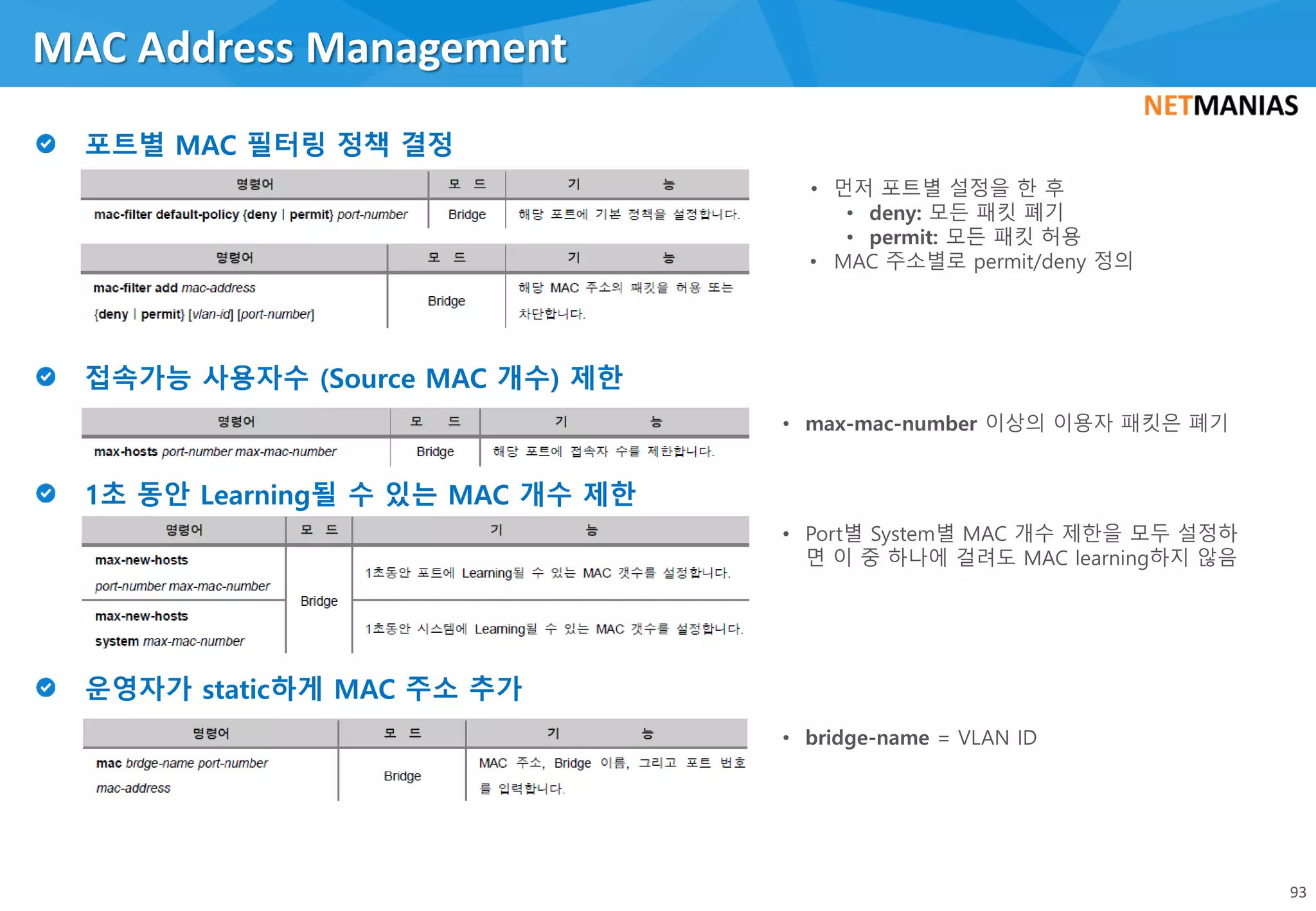 MAC Address Management
93
• 먼저 포트별 설정을 한 후
• deny: 모든 패킷 폐기
• permit: 모든 패킷 허용
• MAC 주소별로 permit/deny 정의
• Port별 System별 MAC 개수 제한을 모두 설정하
면 이 중 하나에 걸려도 MAC learning하지 않음
• bridge-name = VLAN ID
• max-mac-number 이상의 이용자 패킷은 폐기
 
