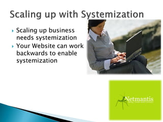  Scaling up business
needs systemization
 Your Website can work
backwards to enable
systemization
 
