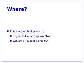 Where?
This story all took place in:
Reynolds House (Equinix MA2)
Williams House (Equinix MA1)
 
