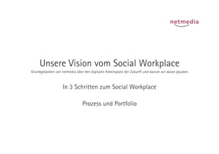 Unsere Vision vom Social Workplace
Grundgedanken von netmedia über den digitalen Arbeitsplatz der Zukunft und warum wir daran glauben



                   In 3 Schritten zum Social Workplace

                                Prozess und Portfolio
 