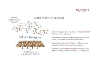 Spontane,                           In beiden Welten zu Hause
selbstkontrollierte
    Netzwerke




                                                     •  Aktiver Dialog mit den Menschen um die Unsicherheit im
                                                        Unternehmen zu adressieren

                 2.0	
  trifft	
  Enterprise	
       •  Wir sprechen auch über Risiken und Gefahren, die sich
                                                        durch eine offenere Kultur des Teilens ergeben

                                                     •  Wir schaffen interne Best Practices als Basis für eine
                                                        zukünftige „Selbstversorgung“ unserer Kunden

                                                     •  Wir haben jahrelange Erfahrungen im Dialog auf allen
                                                        Ebenen der Organisation inkl. Vorstand und Betriebsrat
                         Klare Strukturen und
                      organisatorische Hierarchie
 