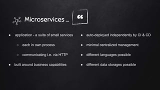 “Microservices ...
● application - a suite of small services
○ each in own process
○ communicating i.e. via HTTP
● built around business capabilities
● auto-deployed independently by CI & CD
● minimal centralized management
● different languages possible
● different data storages possible
 
