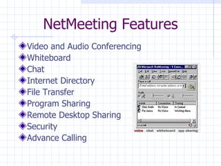 NetMeeting Features Video and Audio Conferencing Whiteboard Chat Internet Directory File Transfer  Program Sharing Remote Desktop Sharing Security Advance Calling 