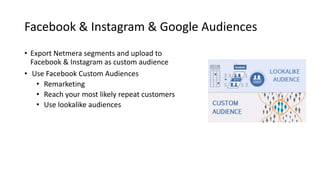 Facebook & Instagram & Google Audiences
• Export Netmera segments and upload to
Facebook & Instagram as custom audience
• Use Facebook Custom Audiences
• Remarketing
• Reach your most likely repeat customers
• Use lookalike audiences
 