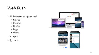 Web Push
• All browsers supported
• MacOS
• Chrome
• Firefox
• Edge
• Opera
• Images
• Buttons
29
 
