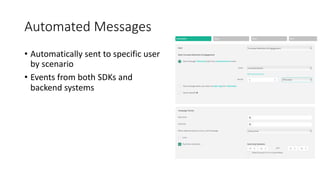 Automated Messages
• Automatically sent to specific user
by scenario
• Events from both SDKs and
backend systems
 