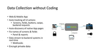 Data Collection without Coding
• Web & Mobile App
• Auto-tracking all UI actions
• Screens, fields, buttons, swipe,
backend requests
• Auto-discovery of native App pages
• Fix names of screens & fields
• Panel & reports
• Data stream to backend systems in
real-time
• Webhooks
• Encrypt private data
 