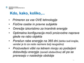 REPUBLIKA SLOVENIJA 
MINISTRSTVO ZA INFRASTRUKTURO IN 
PROSTOR 
Kdo, kako, koliko,... 
• Primeren za vse OVE tehnologije 
• Fizične osebe in pravne subjekte 
• Omrežje izkoristimo za hranilnik energije 
• Optimalna konfiguracija moči proizvodne naprave 
glede na rabo objekta 
• Poračun rabe energije na 365 dni (lahko tudi krajše, 
vendar je to za naše razmere bolj neugodno) 
• Proizvedeni viški na letnem nivoju so podarjeni 
dobavitelju energije (zaradi obdavčitve) ali pa se 
prenesejo v naslednje obdobje 
12 
 