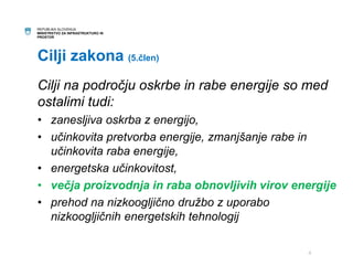 REPUBLIKA SLOVENIJA 
MINISTRSTVO ZA INFRASTRUKTURO IN 
PROSTOR 
Cilji zakona (5.člen) 
Cilji na področju oskrbe in rabe energije so med 
ostalimi tudi: 
• zanesljiva oskrba z energijo, 
• učinkovita pretvorba energije, zmanjšanje rabe in 
učinkovita raba energije, 
• energetska učinkovitost, 
• večja proizvodnja in raba obnovljivih virov energije 
• prehod na nizkoogljično družbo z uporabo 
nizkoogljičnih energetskih tehnologij 
4 
 