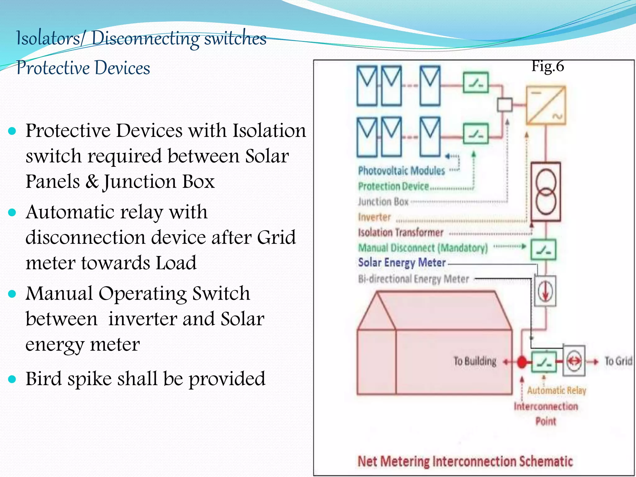 Isolators/ Disconnecting switches 
Protective Devices 
 Protective Devices with Isolation 
switch required between Solar 
Panels & Junction Box 
 Automatic relay with 
disconnection device after Grid 
meter towards Load 
 Manual Operating Switch 
between inverter and Solar 
energy meter 
 Bird spike shall be provided 
11 
Fig.6 
 