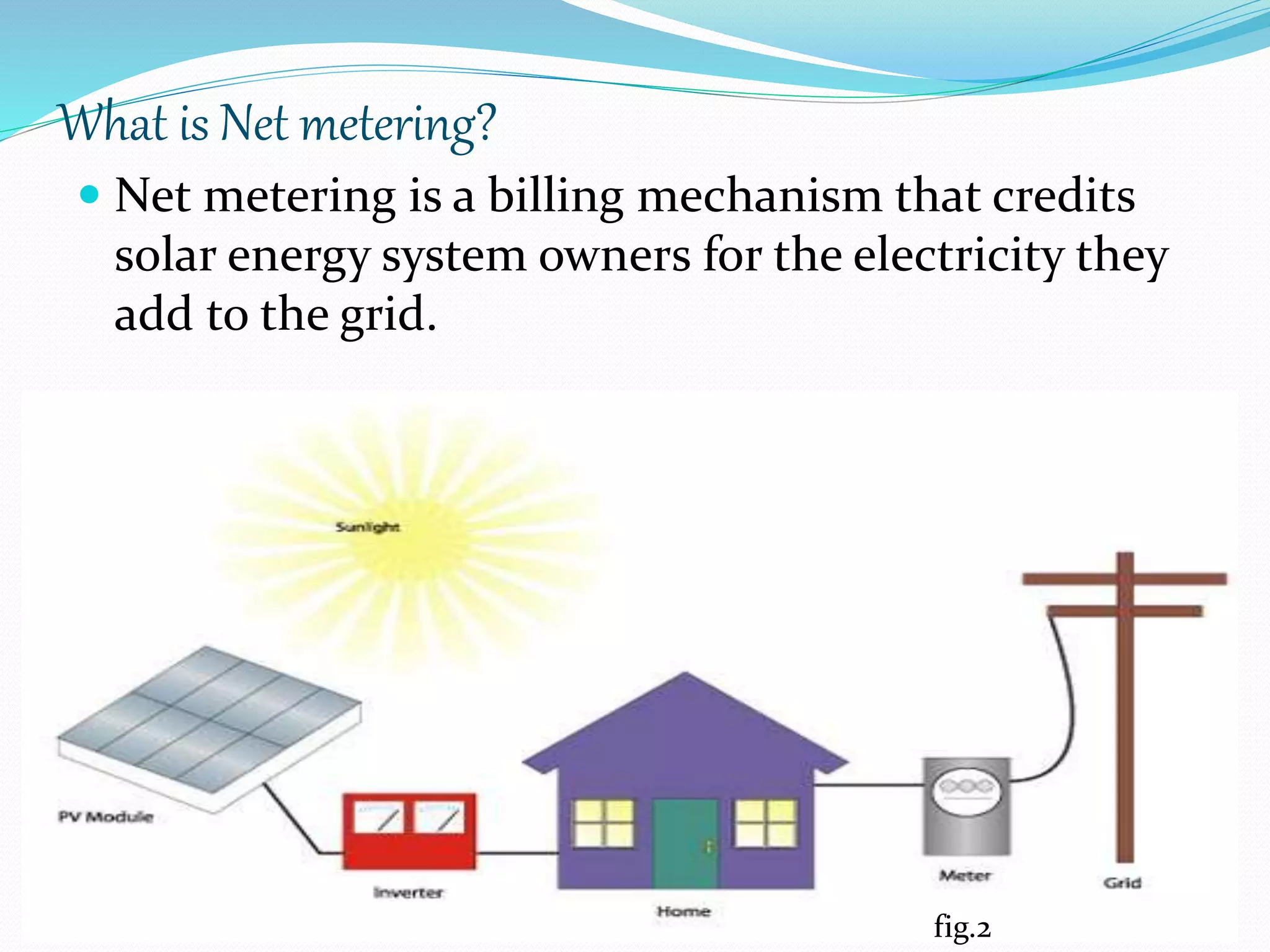 What is Net metering? 
 Net metering is a billing mechanism that credits 
solar energy system owners for the electricity they 
add to the grid. 
fig.2 5 
 