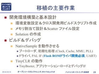 移植の主要作業 
 開発環境構築と基本設計 
 環境変数設定＆クロス開発用ビルドスクリプト作成 
 メモリ割当て設計＆Scatter ファイル設定 
 Solution の作成 
 ビルド＆デバッグ 
 NativeSample を動作させる 
 ブートローダ, 初期化処理(Clock, Cache, MMU, PLL) 
 ドライバ, PAL IF (Flash ROMドライバ開発必須, UART) 
 TinyCLR の動作 
 TinyBooter, アプリケーション・ロードとデバッグIF 
オープンソースカンファレンス2014 Tokyo/Fall 
ドットNET 
まいくろ 
バンザイ 
2014/10/18 ドットNETまいくろバンザイ倶楽部 
19 
 