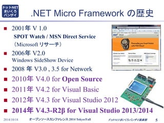 ドットNET 
まいくろ 
バンザイ.NET Micro Framework の歴史 
 2001年V 1.0 
SPOT Watch / MSN Direct Service 
（Microsoft リサーチ） 
 2006年V2.0 
Windows SideShow Device 
 2008 年V3.0 , 3.5 for Network 
 2010年V4.0 for Open Source 
 2011年V4.2 for Visual Basic 
 2012年V4.3 for Visual Studio 2012 
 2014年V4.3-R2β for Visual Studio 2013/2014 
オープンソースカンファレンス2014 Tokyo/Fall 
2014/10/18 ドットNETまいくろバンザイ倶楽部5 
 