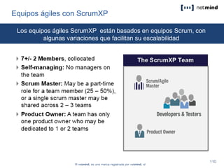 Equipos ágiles con ScrumXP
Los equipos ágiles ScrumXP están basados en equipos Scrum, con
algunas variaciones que facilitan su escalabilidad
 