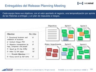 Entregables del Release Planning Meeting
Cada equipo tiene sus objetivos, con el valor aportado al negocio, una temporalización por sprints
de las Historias a entregar, y un plan de respuesta a riesgos.
 